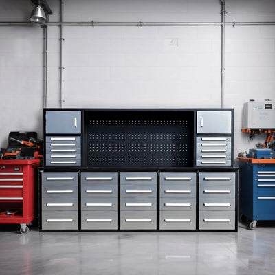 Chery Industrial Workbench Cabinet with 30 Drawers, 2 Cabinets, and Pegboard 10ft - WW000220