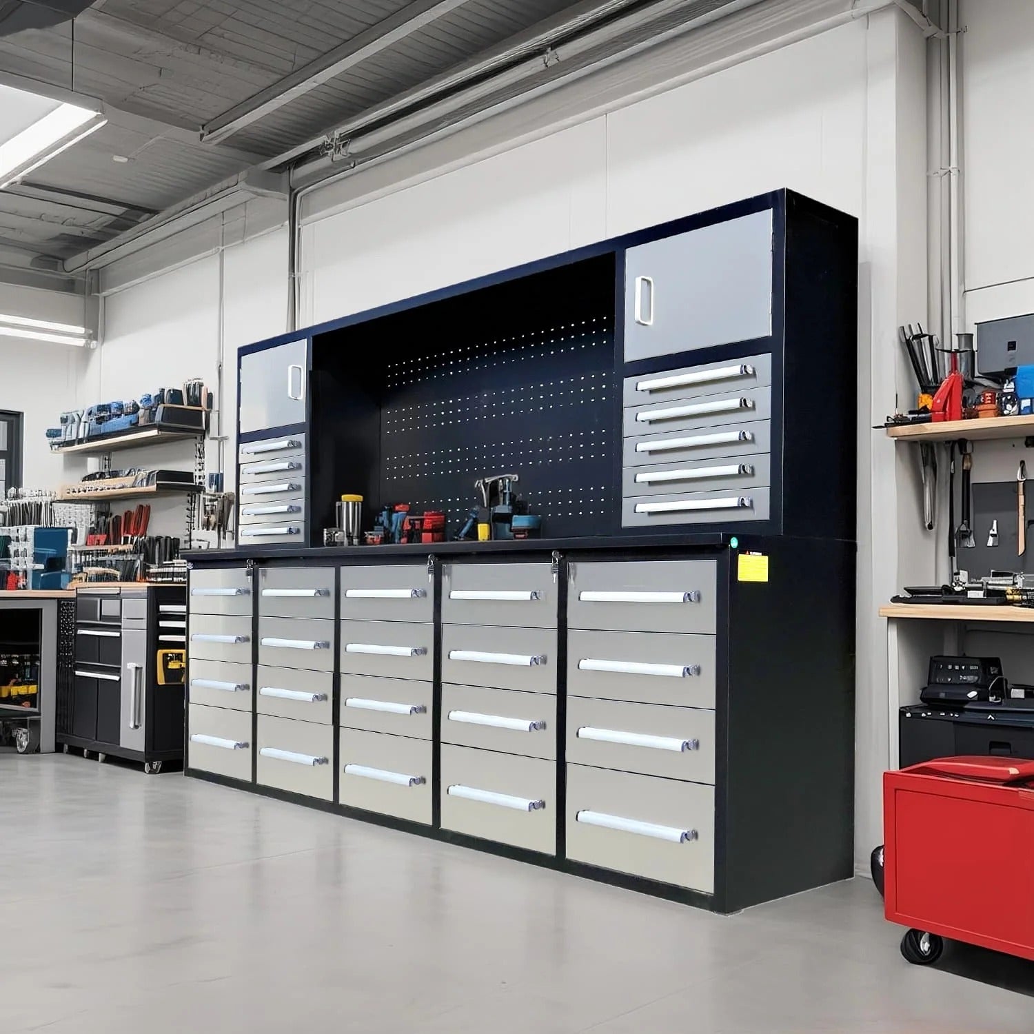Chery Industrial Workbench Cabinet with 30 Drawers, 2 Cabinets, and Pegboard 10ft - WW000220