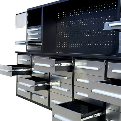 Chery Industrial Workbench Cabinet with 30 Drawers, 2 Cabinets, and Pegboard 10ft - WW000220