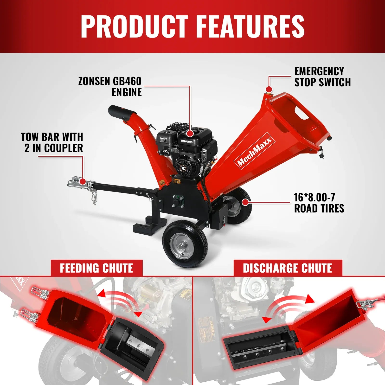 MechMaxx 5" 15HP 459cc ZONSEN E-Start Gas Powered Wood Chipper, Model GS1500
