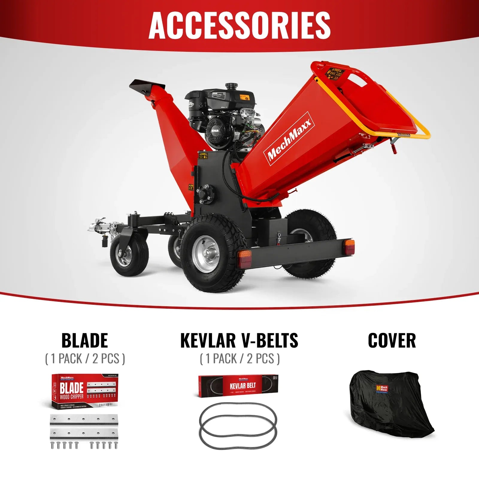 MechMaxx 6" 14HP 429cc KOHLER 4-Wheel Drum Wood Chipper with Taillight, Model B150