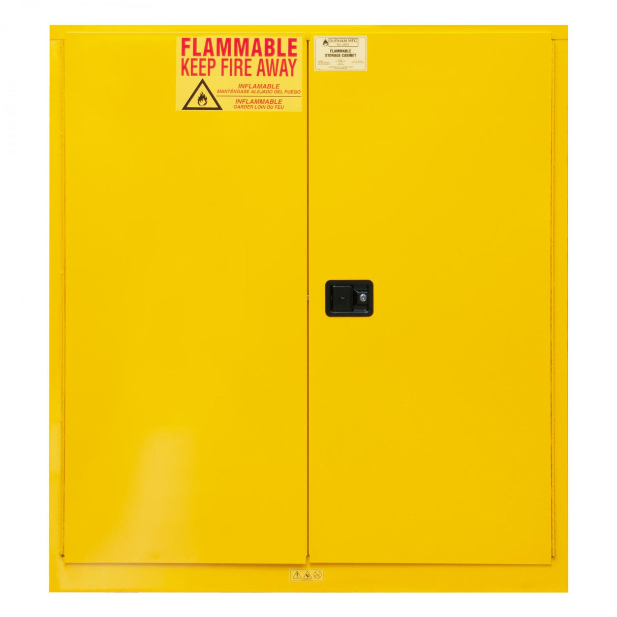 Durham 120-gallon flammable storage cabinet in safety yellow with two manual-close doors, front view