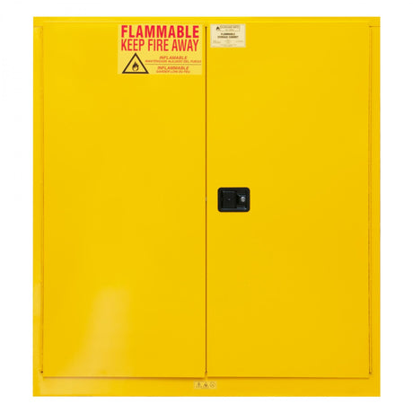 Durham 120-gallon flammable storage cabinet in safety yellow with two manual-close doors, front view