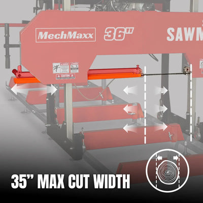 MechMaxx 36" MAX Portable Sawmill with 25HP 750cc ZONSEN V-Twin Engine, 35" Board Width, 20' Track Length with 10 Blades Included, Model SM-36MAX