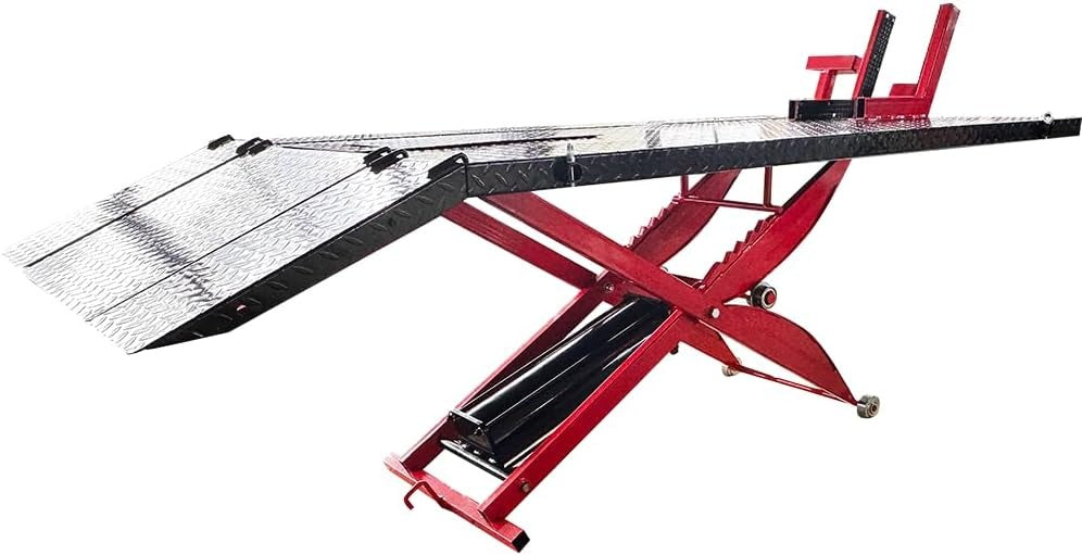 Katool KT-Moto150 1,000 lb Motorcycle Lift Table with Hydraulic Foot Pump and Side Extensions