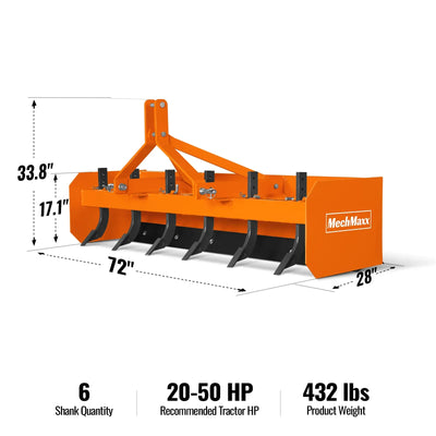 MechMaxx 72" Box Blade Scraper with 6 Shanks, 3-Point Hitch, Model BB72