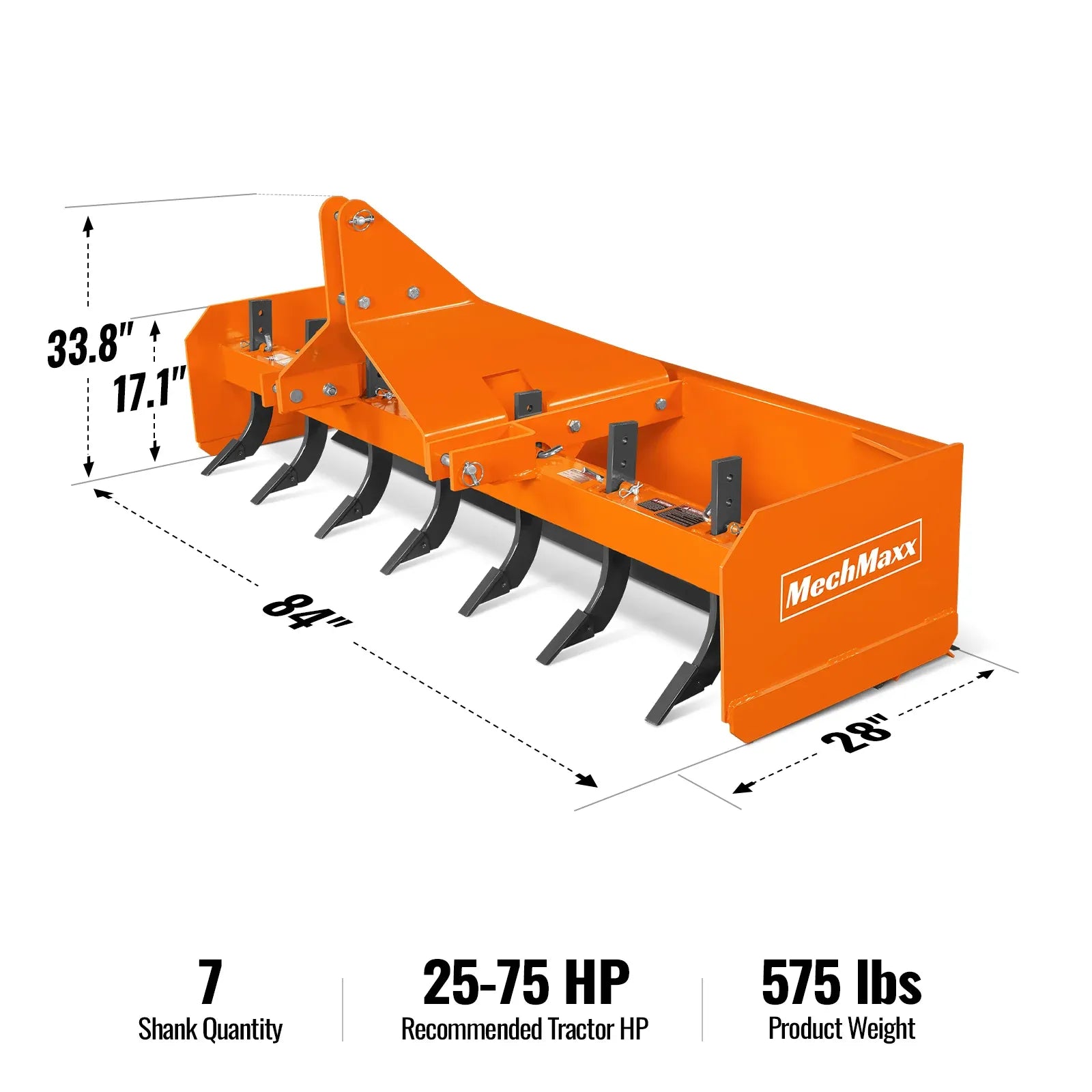 MechMaxx 84" Box Blade Scraper with 7 Shanks, 3-Point Hitch, Model BB84