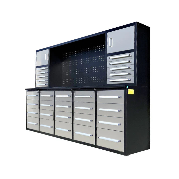 Chery Industrial 9.5ft Storage Workbench with 30 Drawers & 2 Cabinets & 1 Pegboard - SUIWB9530SS01