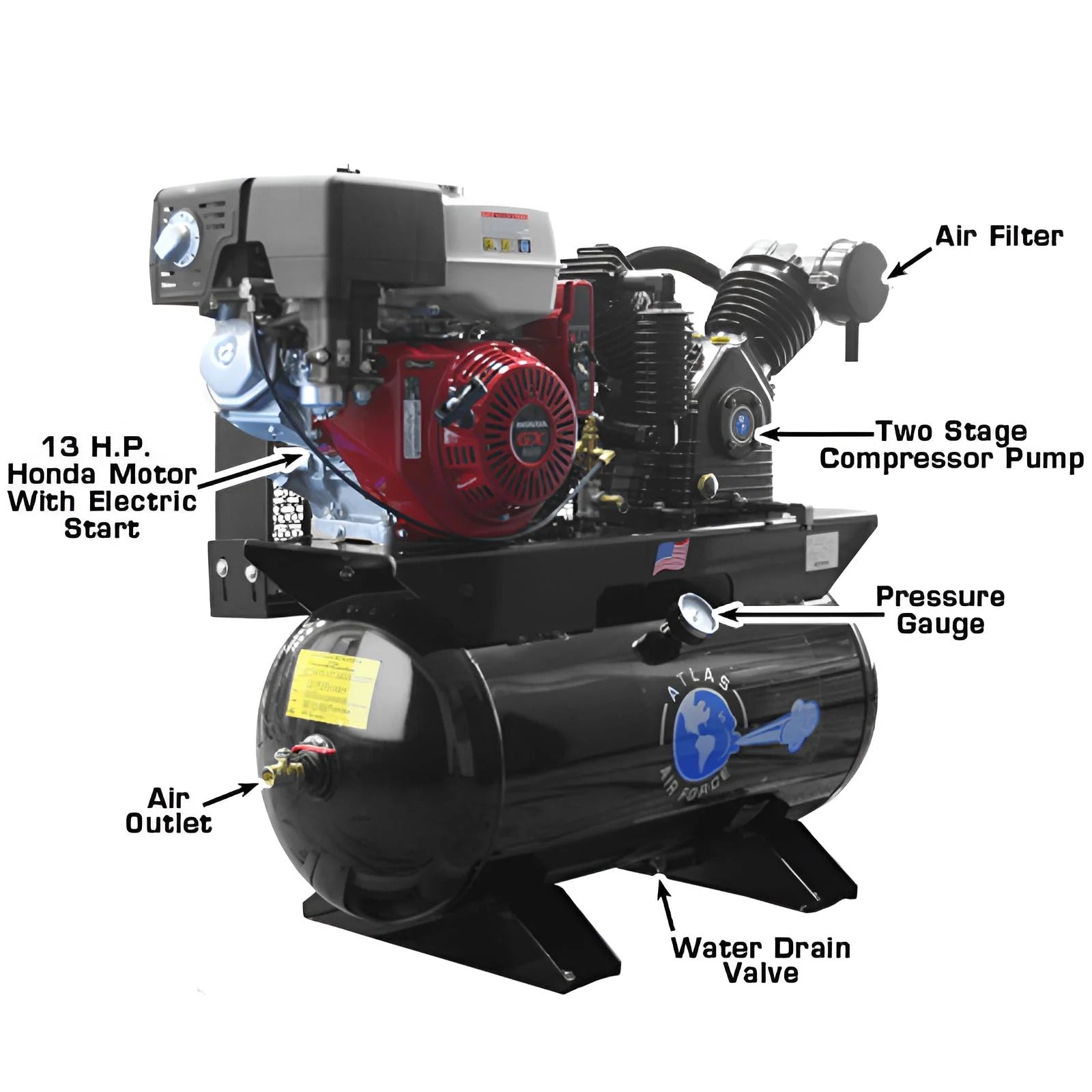 Atlas Air Force AF13 Gas 13HP 30 Gallon Air Compressor with Honda GX390 Engine