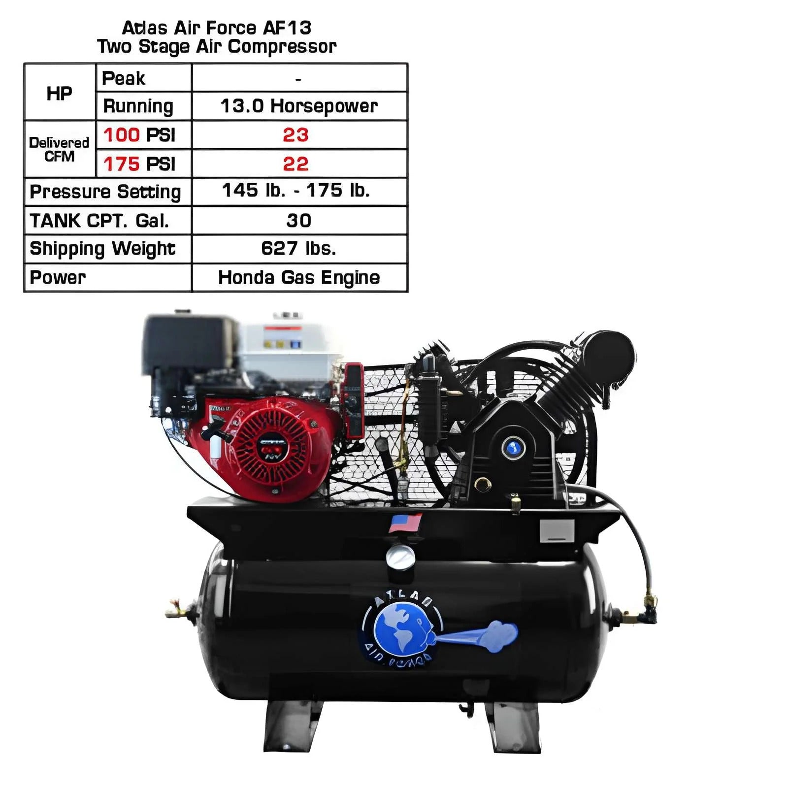 Atlas Air Force AF13 Gas 13HP 30 Gallon Air Compressor with Honda GX390 Engine