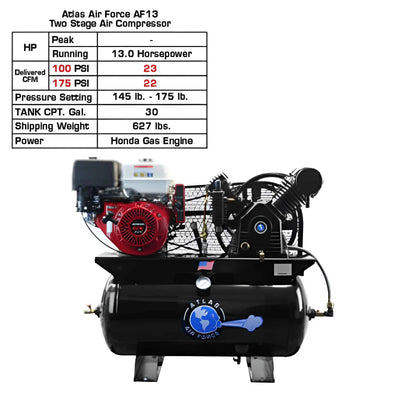 Atlas Air Force AF13 Gas 13HP 30 Gallon Air Compressor with Honda GX390 Engine