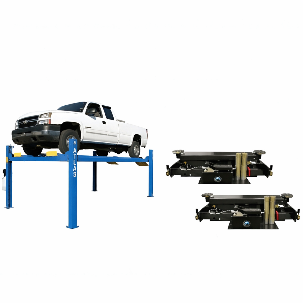 Atlas 414 14,000 lb Heavy-Duty 4-Post Lift with Dual RJ8 Rolling Jacks – Commercial Grade Combo