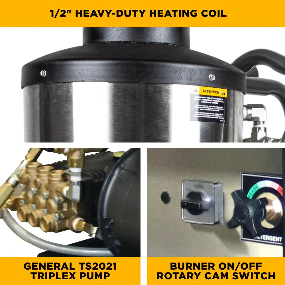 BE Power Equipment Hot Water Electric Pressure Washer 3000 PSI 5.0 GPM 10 HP Baldor Motor General Triplex Pump - 67HD