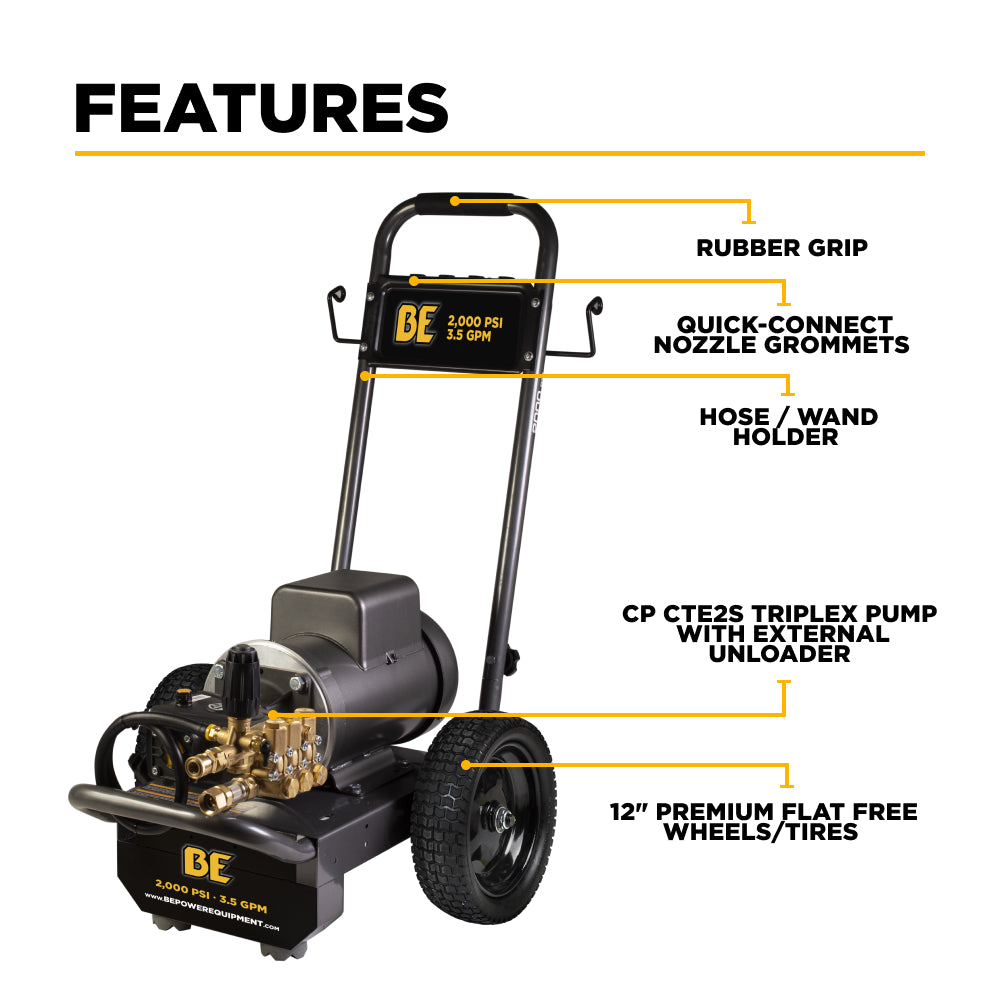 BE Power Equipment Electric Pressure Washer 2,000 PSI 3.5 GPM Cold Water 240V Single Phase with Baldor Motor and Centurion Triplex Pump - B205EA - view 3