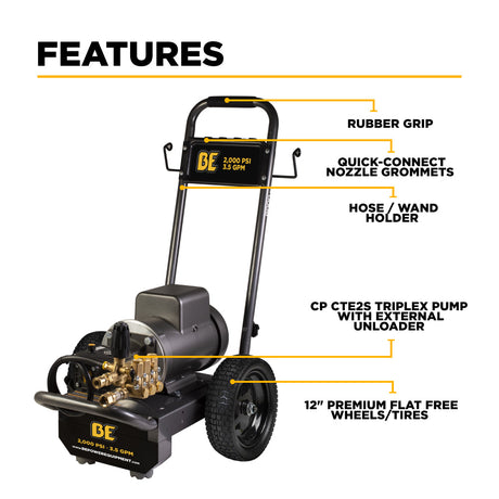 BE Power Equipment Electric Pressure Washer 2,000 PSI 3.5 GPM Cold Water 240V Single Phase with Baldor Motor and Centurion Triplex Pump - B205EA - view 3