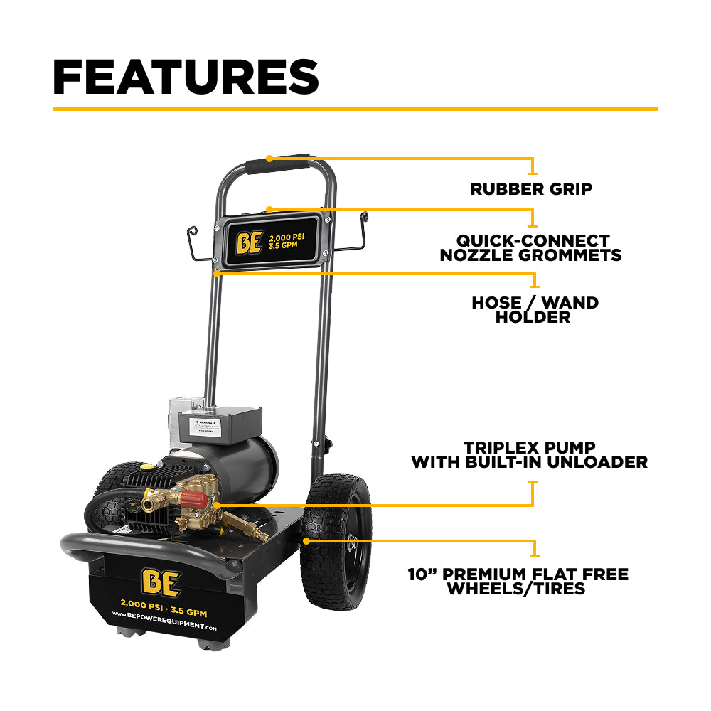 BE Power Equipment Electric Pressure Washer 2,000 PSI 3.5 GPM Cold Water 240V Single Phase with Baldor Motor and General Triplex Pump - B205EG - view 3
