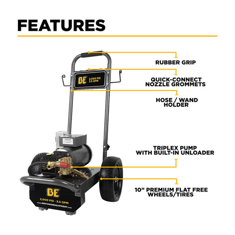 BE Power Equipment Electric Pressure Washer 2,000 PSI 3.5 GPM Cold Water 240V Single Phase with Baldor Motor and General Triplex Pump - B205EG - view 3