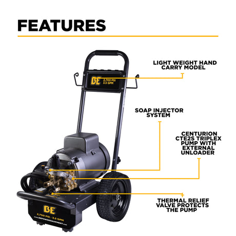 BE Power Equipment Electric Pressure Washer 2,700 PSI 3.5 GPM Cold Water 240V Single Phase with Baldor Motor and Centurion Triplex Pump - B2775EA - view 3
