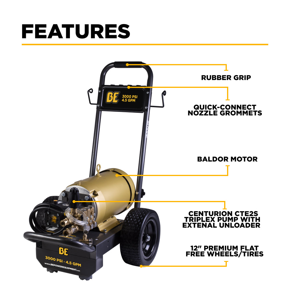 BE Power Equipment Electric Pressure Washer 3,000 PSI 4.5 GPM Cold Water 208 to 460V Three Phase with Baldor Motor and Centurion Triplex Pump - B3010E34AHE - view 3