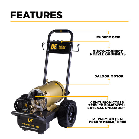 BE Power Equipment Electric Pressure Washer 3,000 PSI 4.5 GPM Cold Water 208 to 460V Three Phase with Baldor Motor and Centurion Triplex Pump - B3010E34AHE - view 3