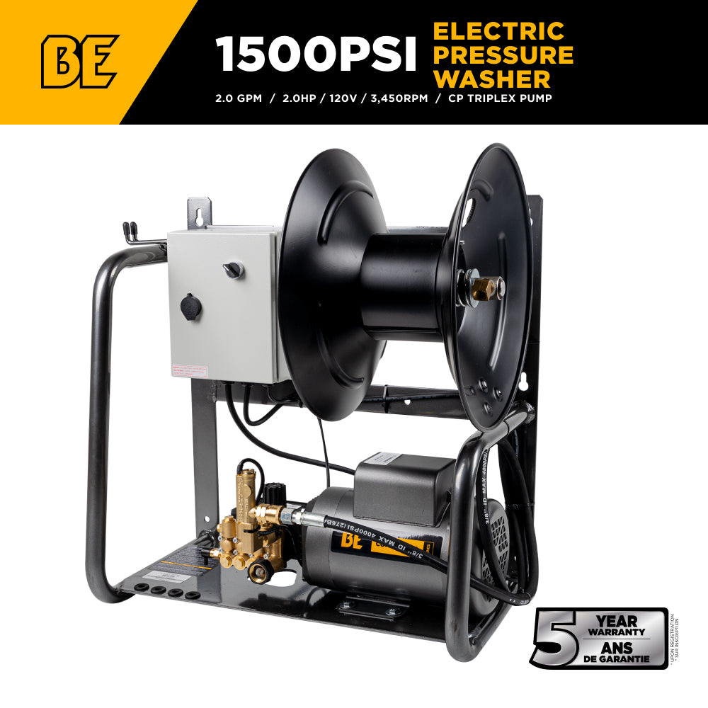 BE Power Equipment Electric Pressure Washer 1,500 PSI 2.0 GPM Wall Mount with Baldor Motor and Centurion Triplex Pump - X-1520FW1ARH - view 2