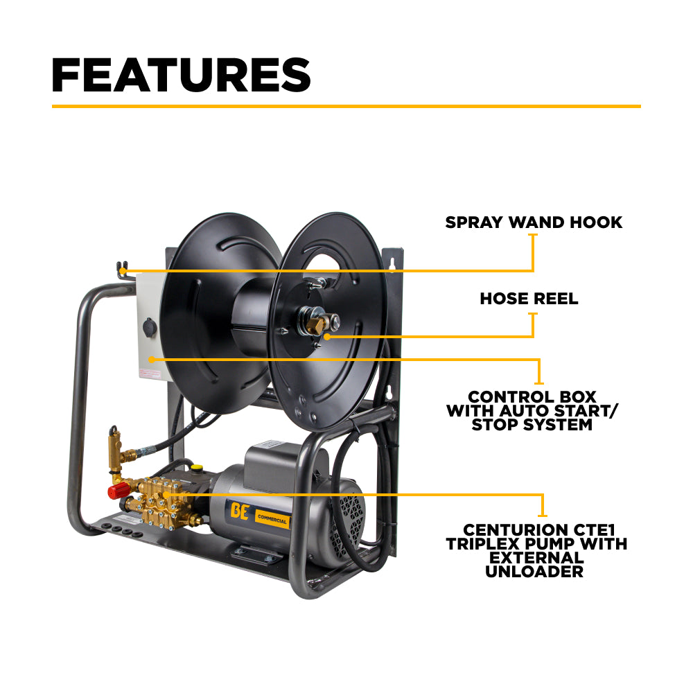 BE Power Equipment Electric Pressure Washer 1,500 PSI 2.0 GPM Wall Mount with Baldor Motor and Centurion Triplex Pump - X-1520FW1ARH - view 3