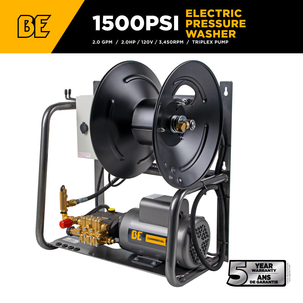 BE Power Equipment Electric Pressure Washer 1,500 PSI 2.0 GPM Wall Mount Hot Water Capable 120V with Baldor Motor and General Triplex Pump - X-1520FW1GENH - view 2