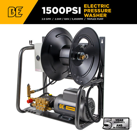 BE Power Equipment Electric Pressure Washer 1,500 PSI 2.0 GPM Wall Mount Hot Water Capable 120V with Baldor Motor and General Triplex Pump - X-1520FW1GENH - view 2