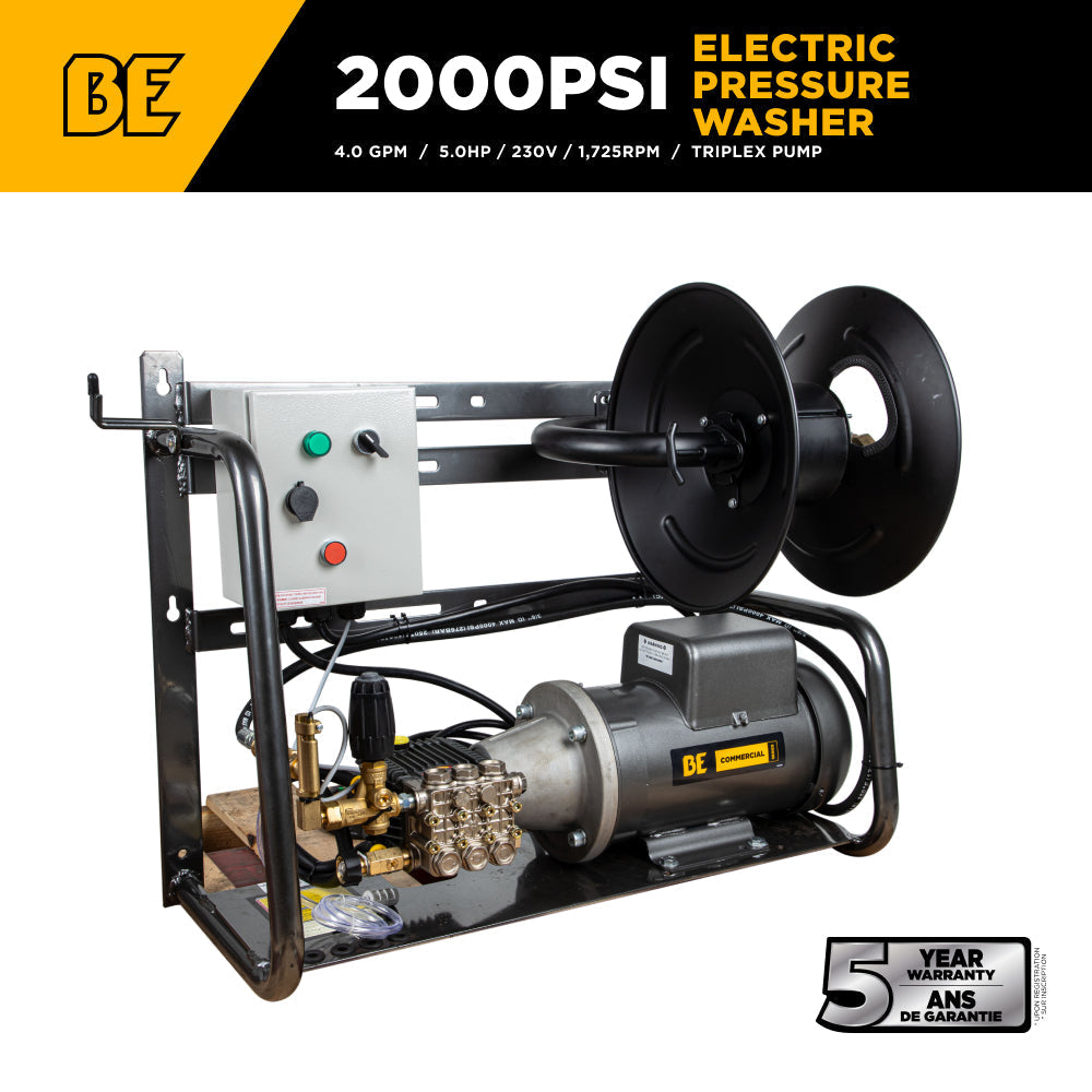 BE Power Equipment Electric Pressure Washer 2,000 PSI 3.8 GPM Wall Mount Hot Water Capable 230V with Baldor Motor and General Triplex Pump - X-2050FW1GENHT - view 2