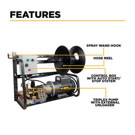 BE Power Equipment Electric Pressure Washer 2,000 PSI 3.8 GPM Wall Mount Hot Water Capable 230V with Baldor Motor and General Triplex Pump - X-2050FW1GENHT - view 3