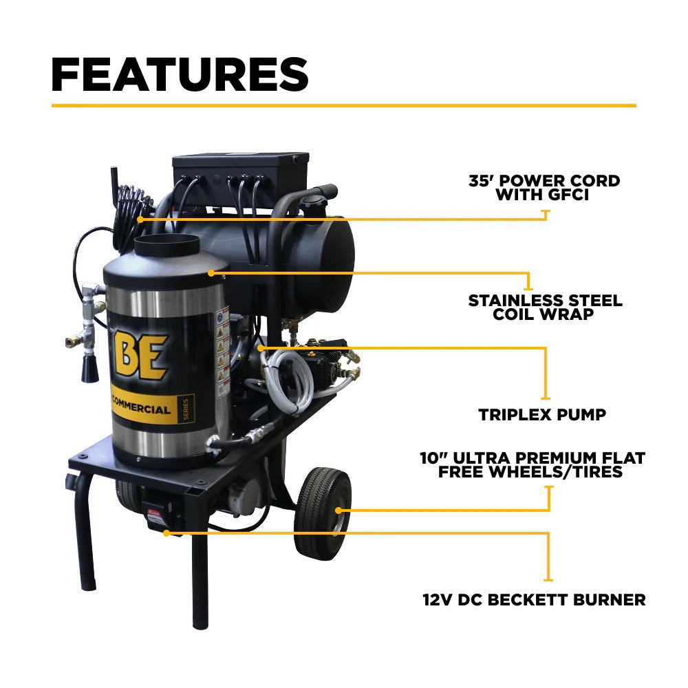 BE Power Equipment Hot Water Electric Pressure Washer 1000 PSI 2.0 GPM General T9051EBF Triplex Pump - 1250