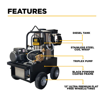 BE Power Equipment Hot Water Electric Pressure Washer 3000 PSI 5.0 GPM General Triplex Pump - 15-530