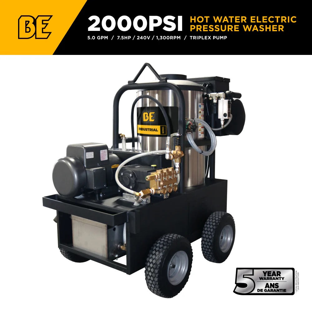 BE Power Equipment Hot Water Electric Pressure Washer 2000 PSI 5.0 GPM General Triplex Pump - 15-520