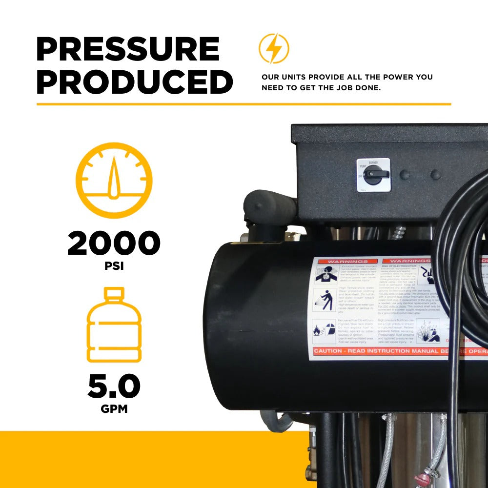 BE Power Equipment Hot Water Electric Pressure Washer 2000 PSI 5.0 GPM General Triplex Pump - 15-520