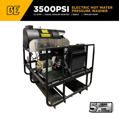 BE Power Equipment Hot Water Diesel Pressure Washer Skid 3500 PSI 5.2 GPM General Triplex Pump - 5640DG