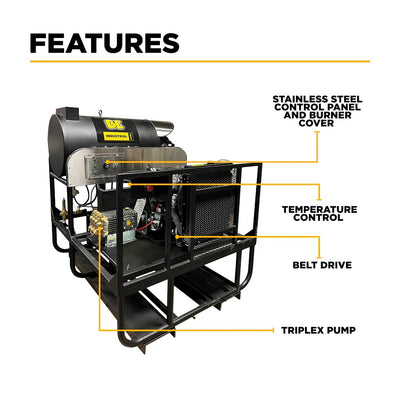 BE Power Equipment Hot Water Diesel Pressure Washer Skid 3500 PSI 5.2 GPM General Triplex Pump - 5640DG