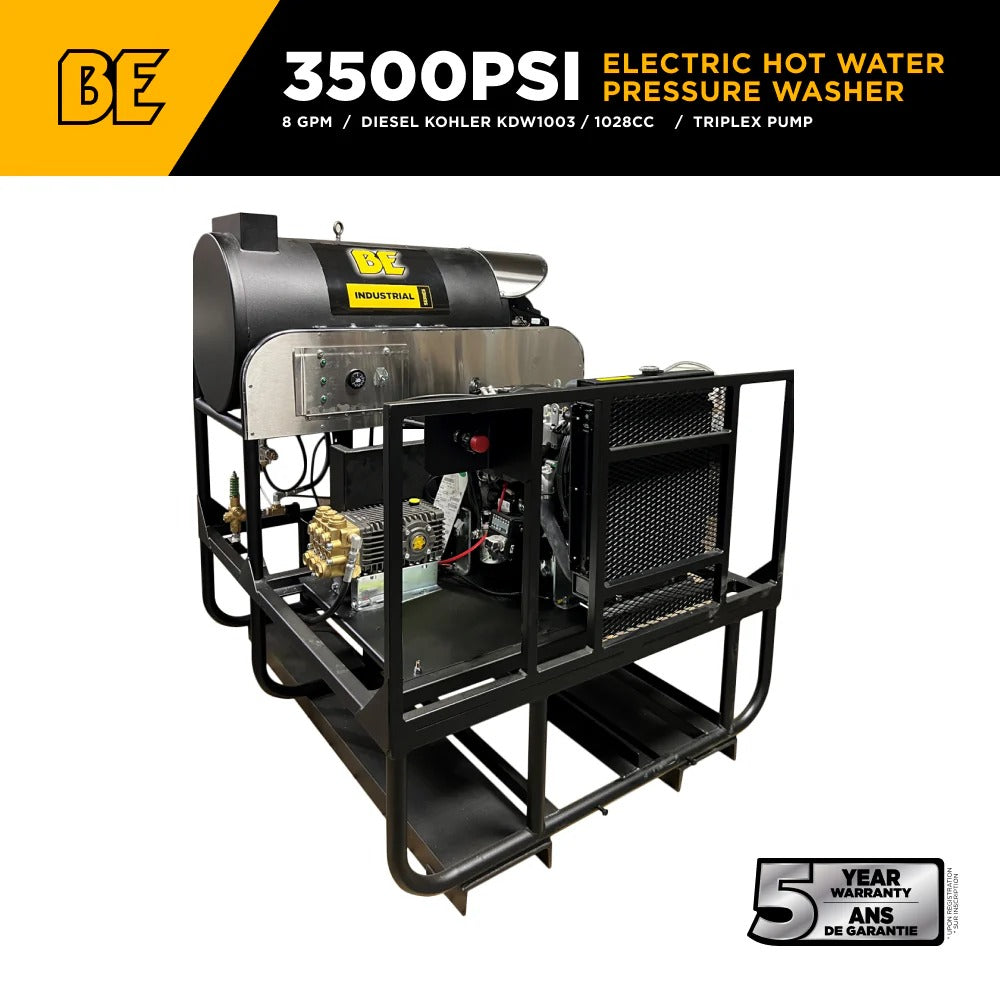 BE Power Equipment Hot Water Diesel Pressure Washer Skid 3500 PSI 8.0 GPM General Triplex Pump - 5835DG