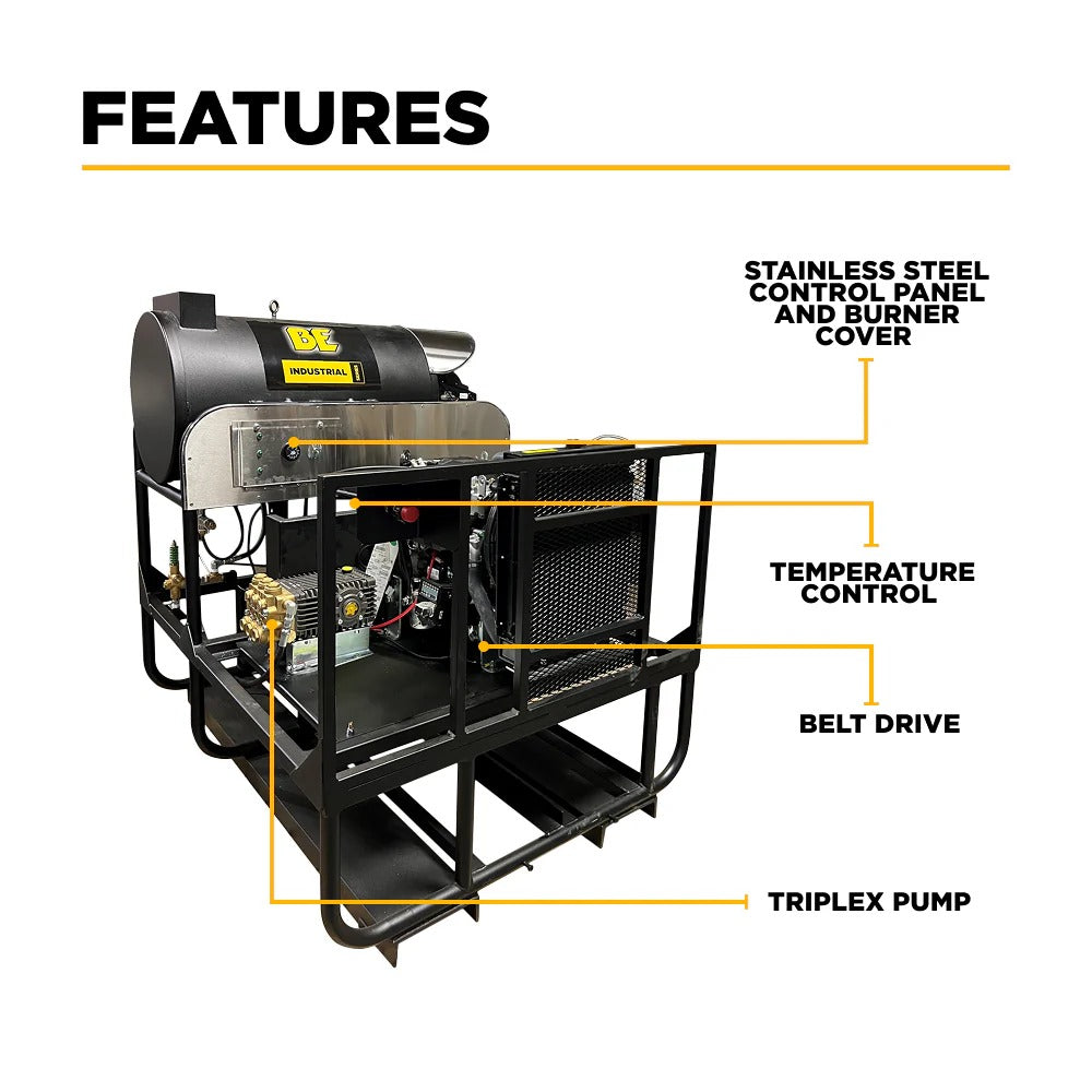 BE Power Equipment Hot Water Diesel Pressure Washer Skid 3500 PSI 8.0 GPM General Triplex Pump - 5835DG