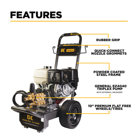 BE Power Equipment Gas Pressure Washer 4,200 PSI 4.2 GPM Cold Water with Honda GX390 Engine and General Triplex External Unloader Pump - B4213HGS - view 3