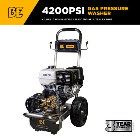 BE Power Equipment Gas Pressure Washer 4,200 PSI 4.2 GPM Cold Water with Honda GX390 Engine and General Triplex Pump on Stainless Steel Frame - B4213HSGS - view 2