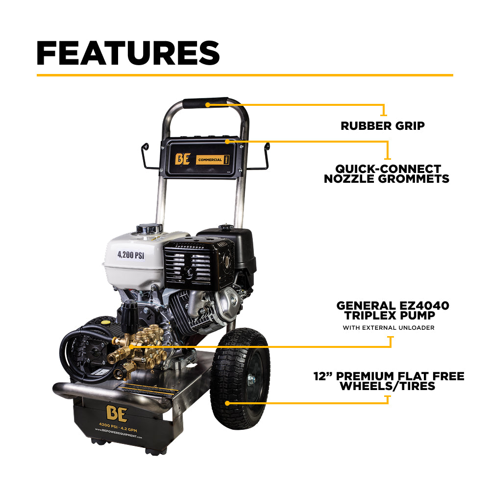BE Power Equipment Gas Pressure Washer 4,200 PSI 4.2 GPM Cold Water with Honda GX390 Engine and General Triplex Pump on Stainless Steel Frame - B4213HSGS - view 3