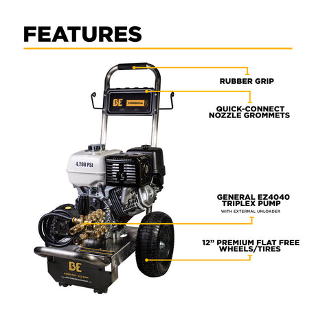 BE Power Equipment Gas Pressure Washer 4,200 PSI 4.2 GPM Cold Water with Honda GX390 Engine and General Triplex Pump on Stainless Steel Frame - B4213HSGS - view 3