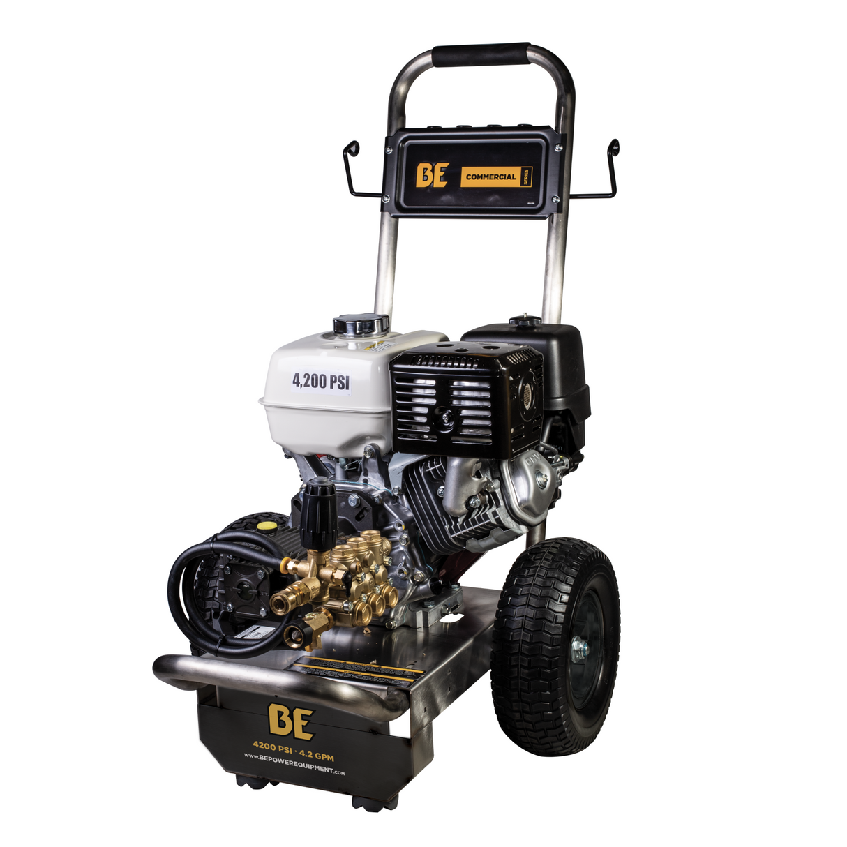BE Power Equipment Gas Pressure Washer 4,200 PSI 4.2 GPM Cold Water with Honda GX390 Engine and General Triplex Pump on Stainless Steel Frame - B4213HSGS