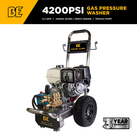 BE Power Equipment Gas Pressure Washer 4,200 PSI 4.2 GPM Cold Water with Honda GX390 Engine and CAT Triplex Pump - B4213HSJS - view 2