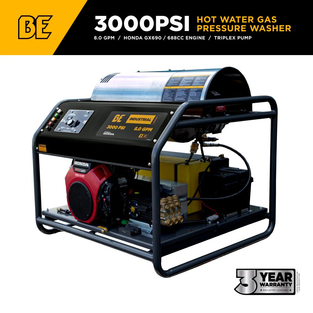 BE Power Equipment 3000 PSI 8.0 GPM Hot Water Pressure Washer Honda GX690 Engine Triplex Pump - HW3024HG12V