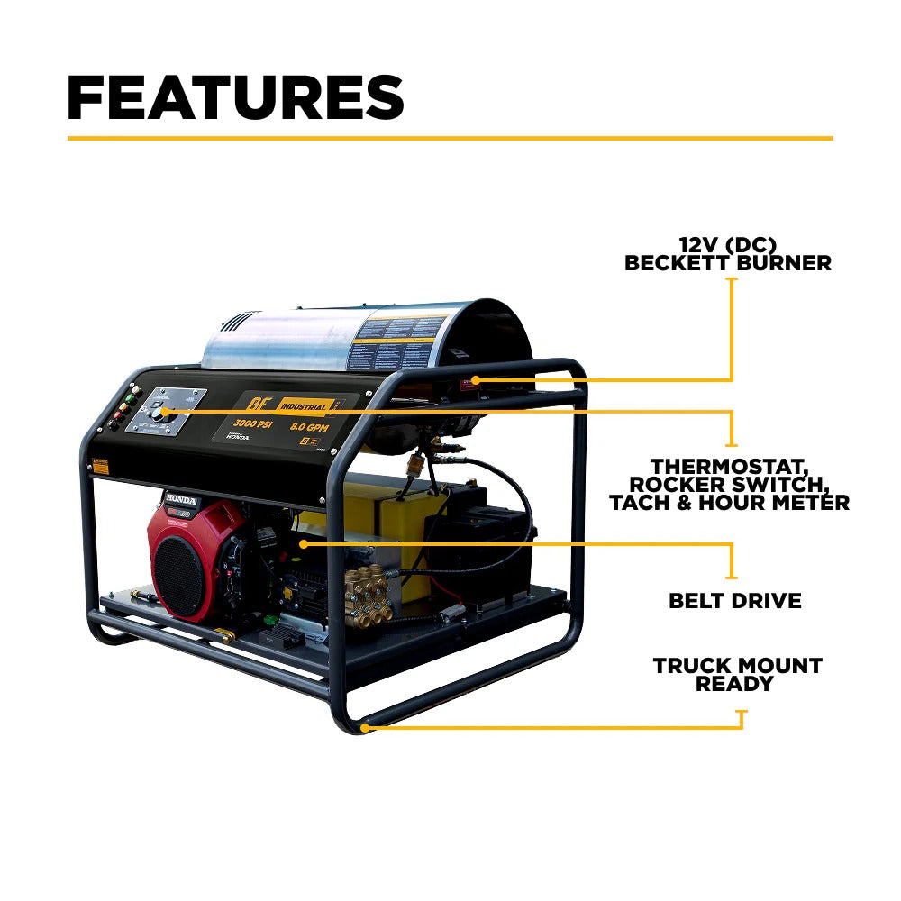 BE Power Equipment 3000 PSI 8.0 GPM Hot Water Pressure Washer Honda GX690 Engine Triplex Pump - HW3024HG12V