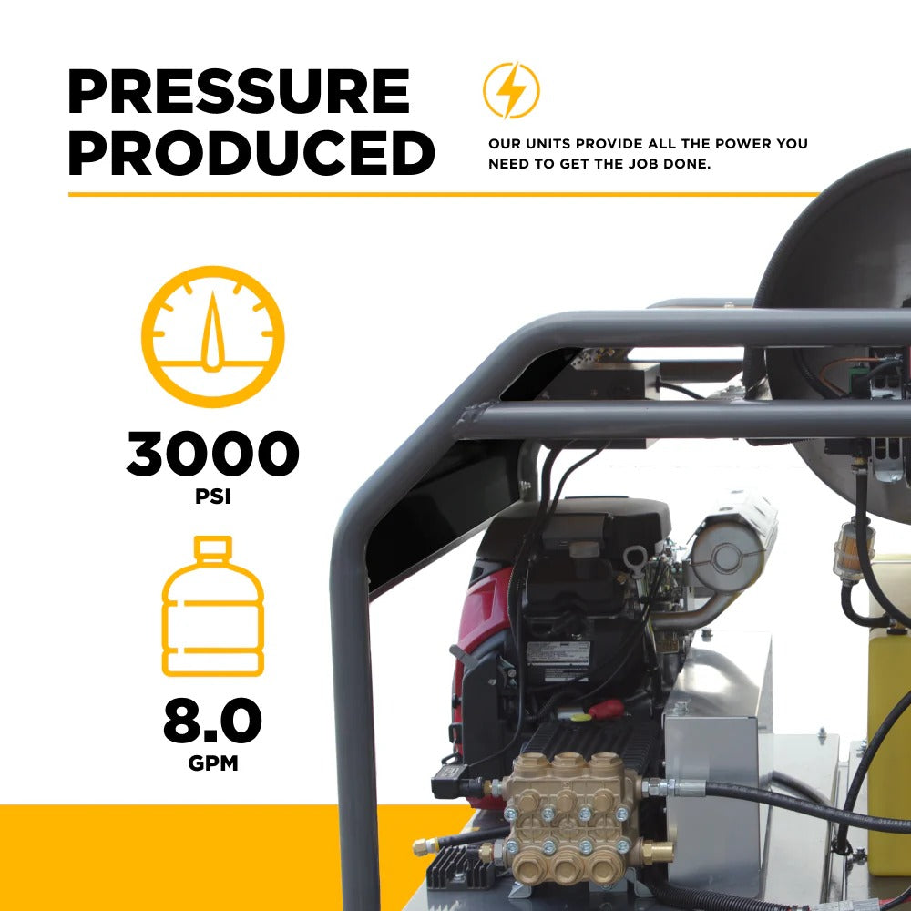 BE Power Equipment 3000 PSI 8.0 GPM Hot Water Pressure Washer Honda GX690 Engine Triplex Pump - HW3024HG12V