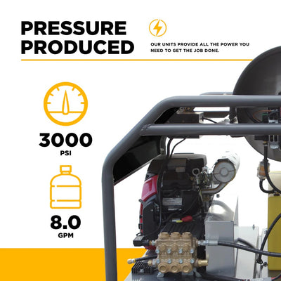 BE Power Equipment 3000 PSI 8.0 GPM Hot Water Pressure Washer Honda GX690 Engine Triplex Pump - HW3024HG12V