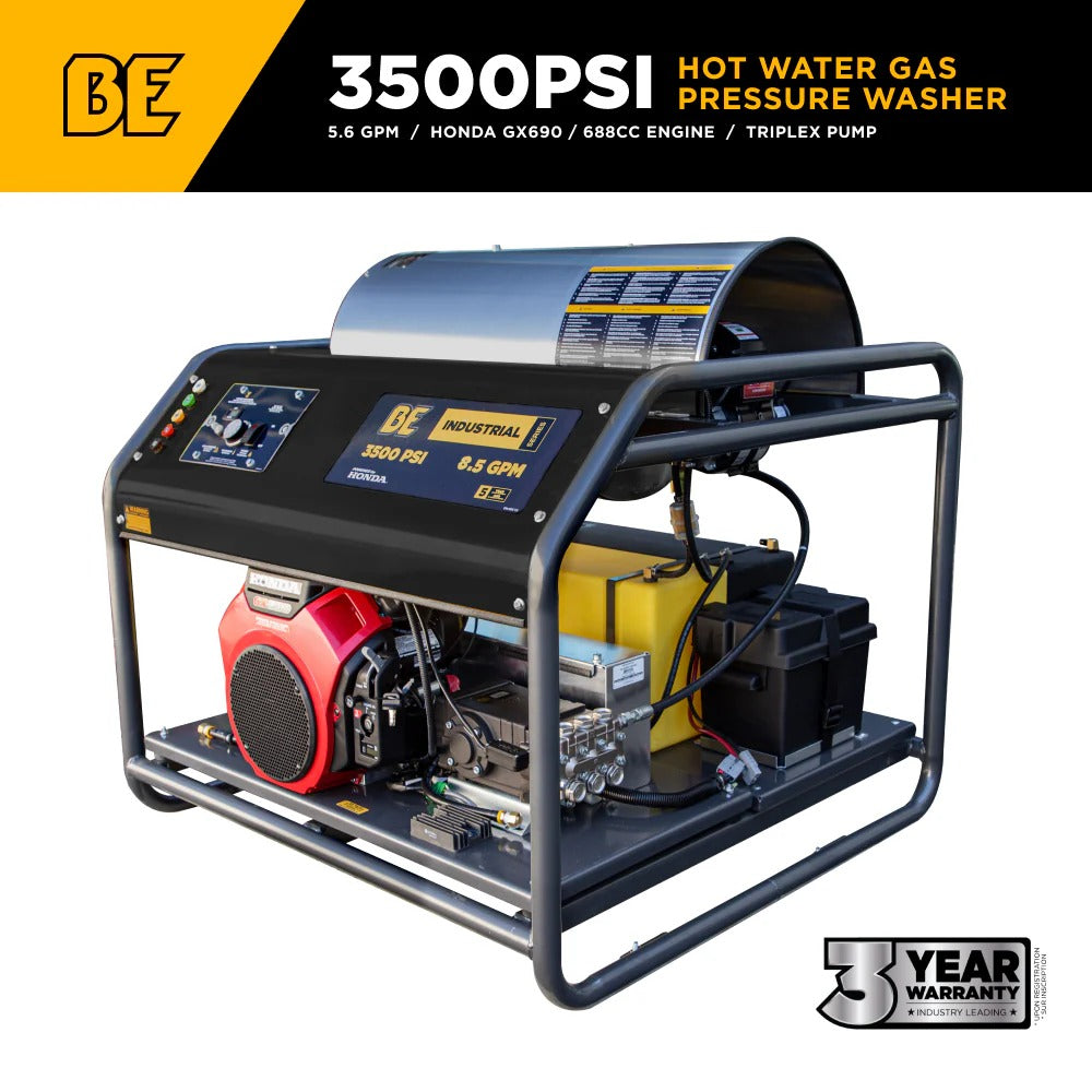 BE Power Equipment Hot Water Pressure Washer 3500 PSI 5.6 GPM Honda GX690 Engine General Triplex Pump - HW3524HG12V