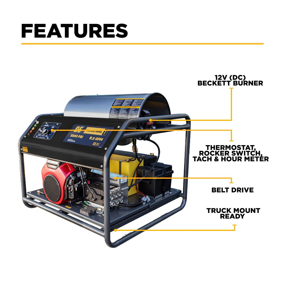 BE Power Equipment Hot Water Pressure Washer 3500 PSI 5.6 GPM Honda GX690 Engine General Triplex Pump - HW3524HG12V